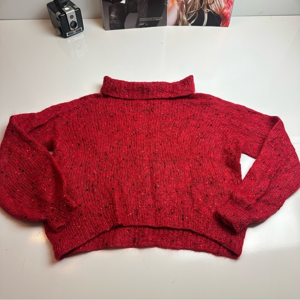 Vintage Red Fuzzy Turtleneck Sweater Cropped Artisan Hand Knit 80s 90s